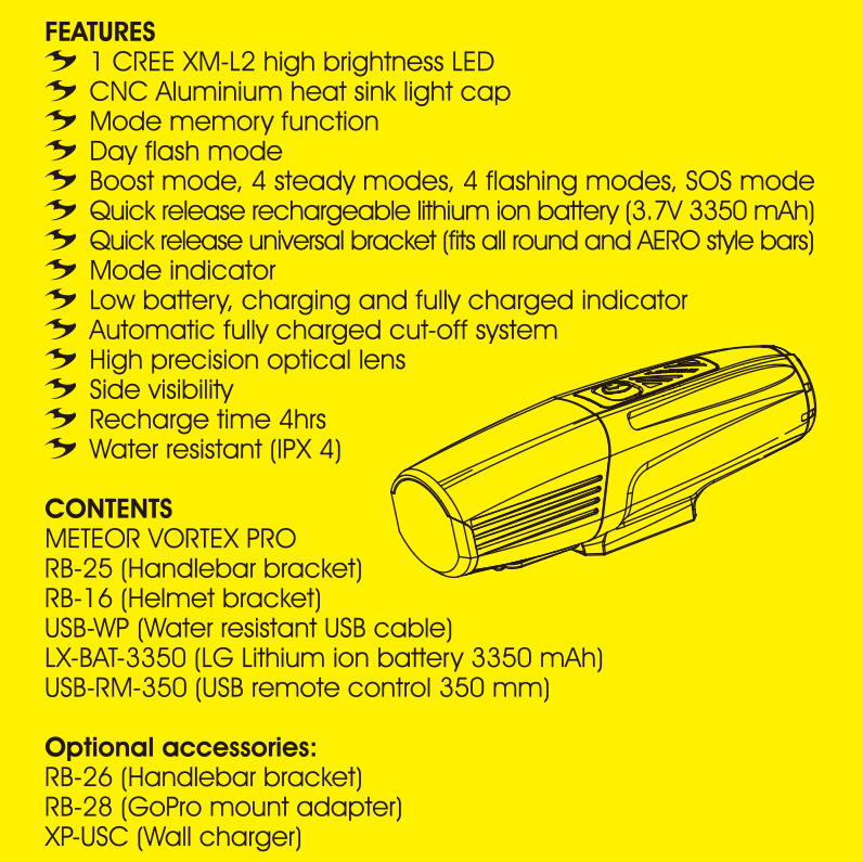 Moon Meteor Vortex Pro / 900 (400) Lumens / USB Rechargeable Front Light - Mighty Velo